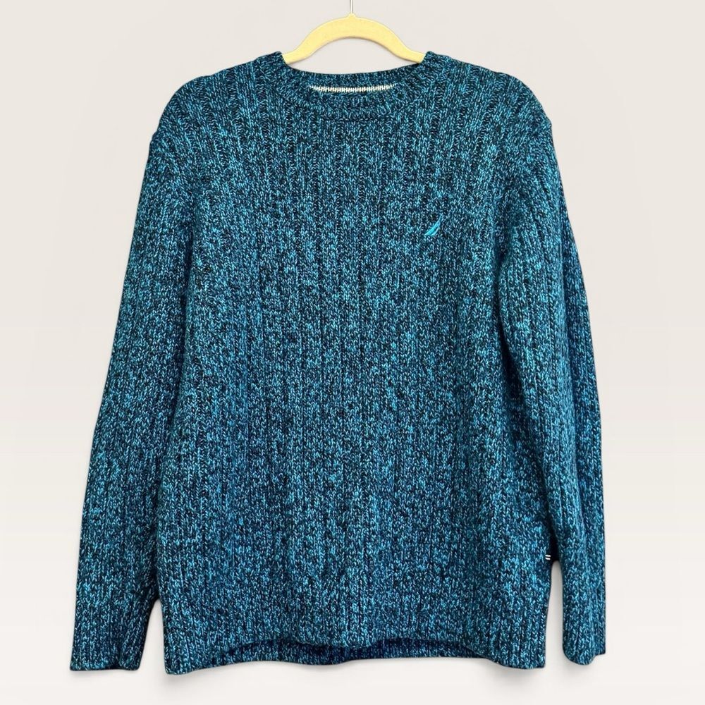 Nautica‎ Blue Marled Knit Crewneck Sweater Large Long Sleeve Pullover Logo - Picture 4 of 8